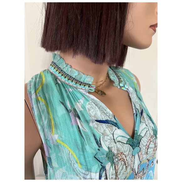 Camilla 2-Button Floral Print Sleeveless Dress - Turquoise Crystals Size XS - Picture 6 of 10